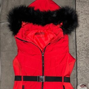 Michael Kors Vibrant Red Vest with Black Fur Hood